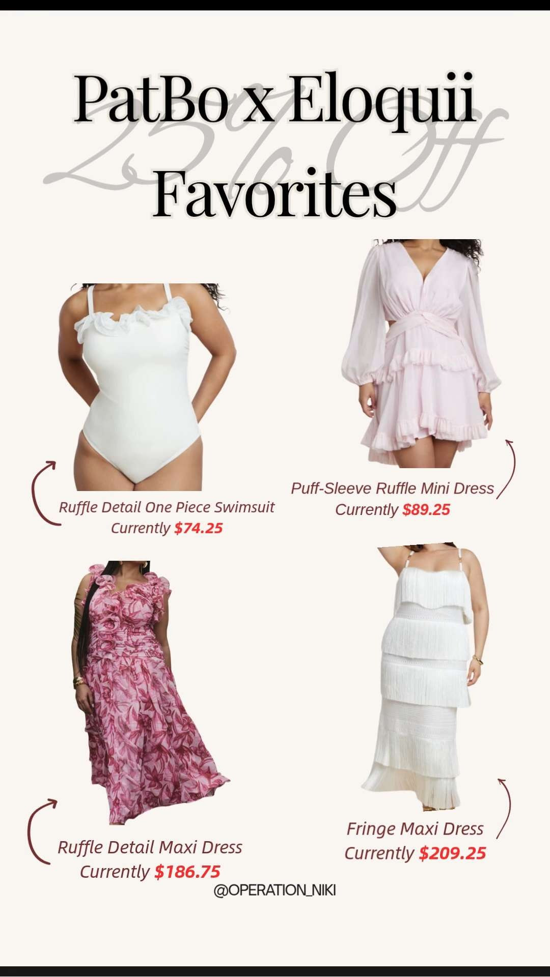 Finding gorgeous, high-fashion pieces that fit beautifully makes getting dressed for warm weather so exciting. ☀️ This stunning collaboration brings the ultimate blend of vacation elegance and effortlessly confident style to your summer wardrobe.



These pieces feature breathtaking details that are perfect for everything from a beach resort getaway to a chic seasonal brunch. With flattering ruffles, playful fringe, and beautiful flowy silhouettes, this collection ensures you look and feel completely pristine for any summer occasion. ✨



Shop this entire style lineup linked below! 🛍️

Follow for more @OPERATION_NIKI on IG, TikTok, & Facebook

#Eloquii #PatBo #CurvyFashion #SummerStyle #PlusSizeFashion #OOTD #VacationOutfits #OperationNiki #ChicFashion #SummerDresses

#LTKMidsize #LTKPlusSize #LTKSaleAlert