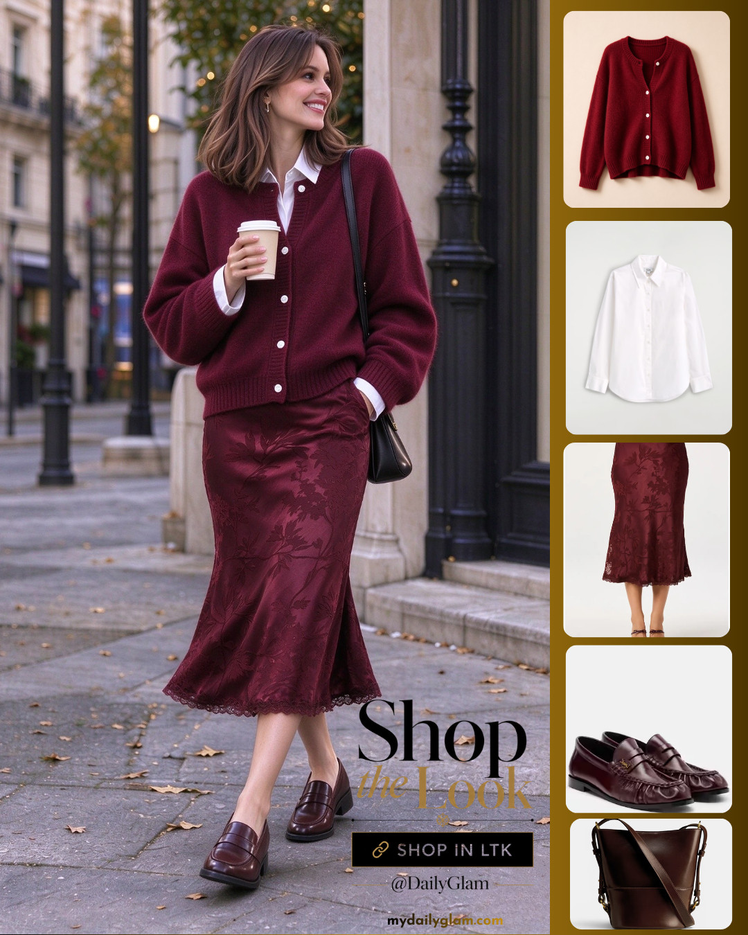Monochromatic burgundy fall outfit alert!
I love mixing textures here — fuzzy knit cardigan against silky jacquard midi skirt with delicate lace hem.
White shirt underneath keeps it clean, paired with timeless leather loafers.
Perfect for coffee runs, brunch and casual city days.
All items linked in bio if you want to recreate this look.
Who’s obsessed with burgundy fall tones?👇

---

#FallOOTD #ParisianStyle #BurgundyOutfit #MidiSkirtOutfit #CardiganOutfit #FallFashionInspo #SatinMidiSkirt #JacquardSkirt #EffortlessChic #FallOutfitIdeas #WomensFallStyle #OOTDFall #StreetStyleInspo #MonochromaticOutfit #FallWardrobeEssentials 

 #LTKootd #LTKOver40 #LTKWorkwear