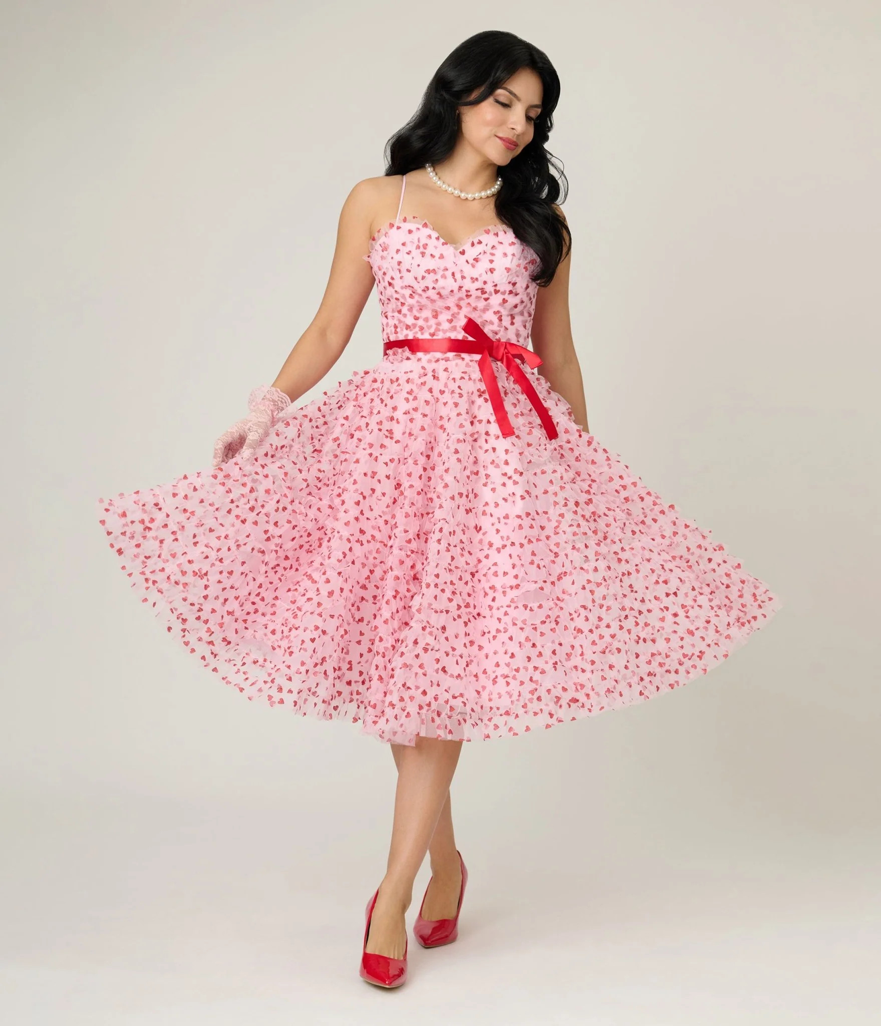 Unique Vintage Pink & Red Glitter Heart Tulle Cupcake Swing Dress | Unique Vintage - North America