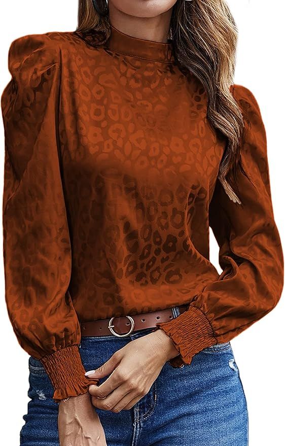 LYANER Women's Satin Mock Neck Puff Long Sleeve Keyhole Work Blouse Top | Amazon (US)