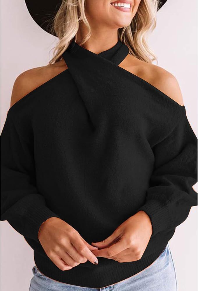 Angashion Women's Sweaters Casual Off Shoulder Tops Crossed V- Neck Long Sleeve Crop Halter Pullover | Amazon (US)