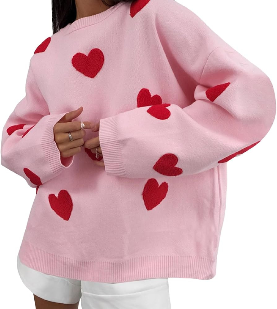KMBANGI Women Heart Print Sweater Romantic Oversized Knitted Shirt Valentine's Day Love Graphic L... | Amazon (US)
