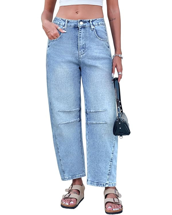 Mid Rise Barrel Jeans for Women Wide Leg Mid Waist Cropped Cotton Pants Y2k Baggy Boyfriend Jeans... | Amazon (US)