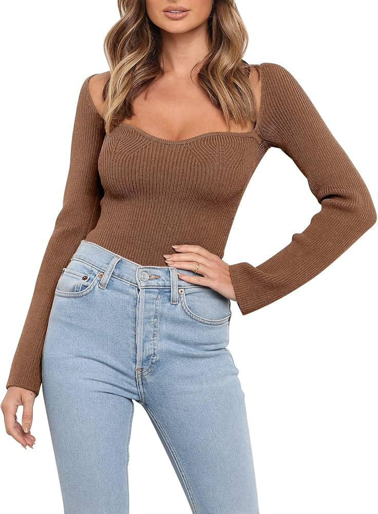 ANRABESS Womens Long Sleeve Sweetheart Neck Stretch Ribbed Knit Slim Fit Solid Crop Sweater Top | Amazon (US)