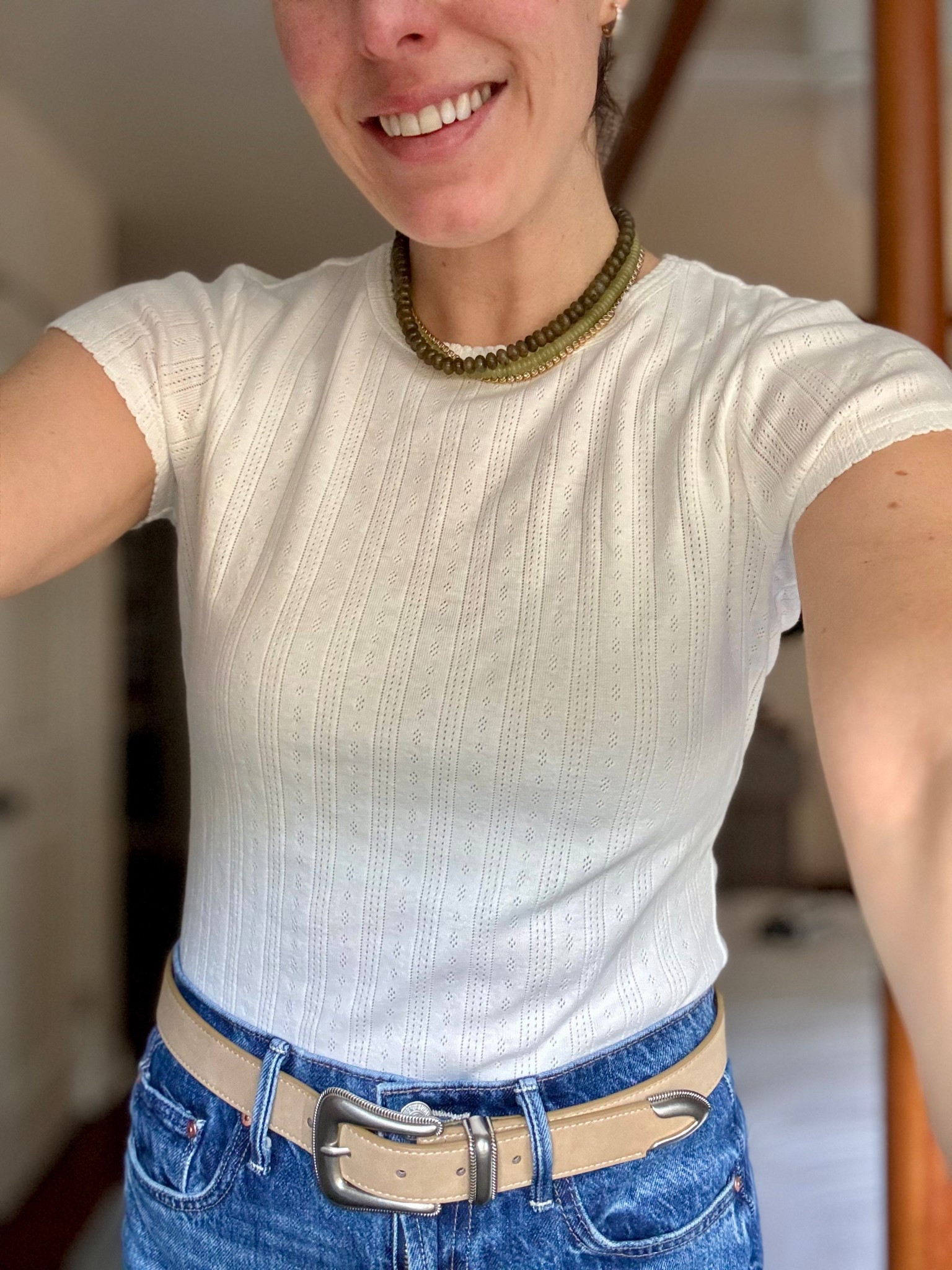 The cutest $10 pointelle t shirt. A must have for Spring. Followed reviews and sized up to a M. Ps my western belt is on sale for $14.

#LTKSaleAlert #LTKSeasonal #LTKmomlife
