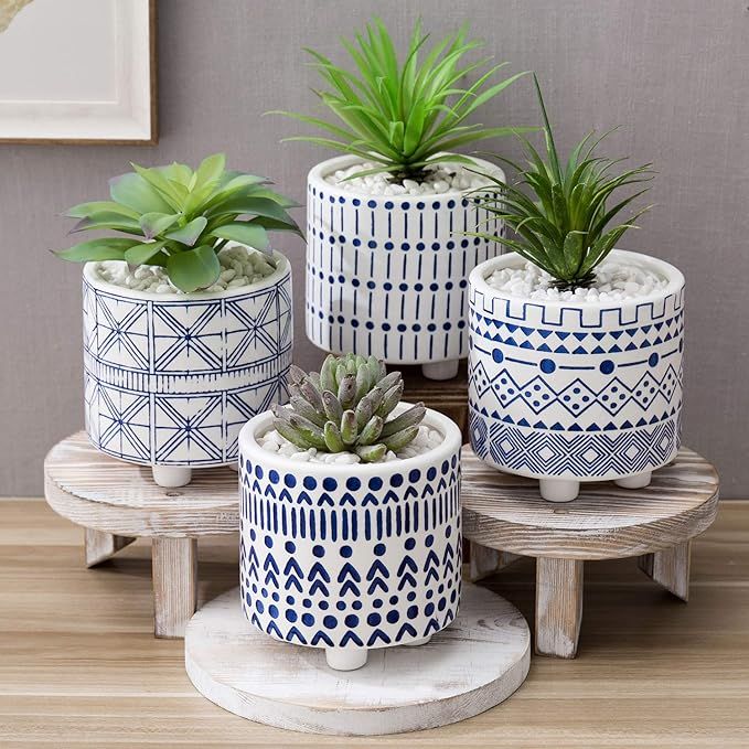 MyGift Decorative Mediterranean 5-Inch Ceramic Succulent Plants Cactus Herb Planter Pots with Fee... | Amazon (US)