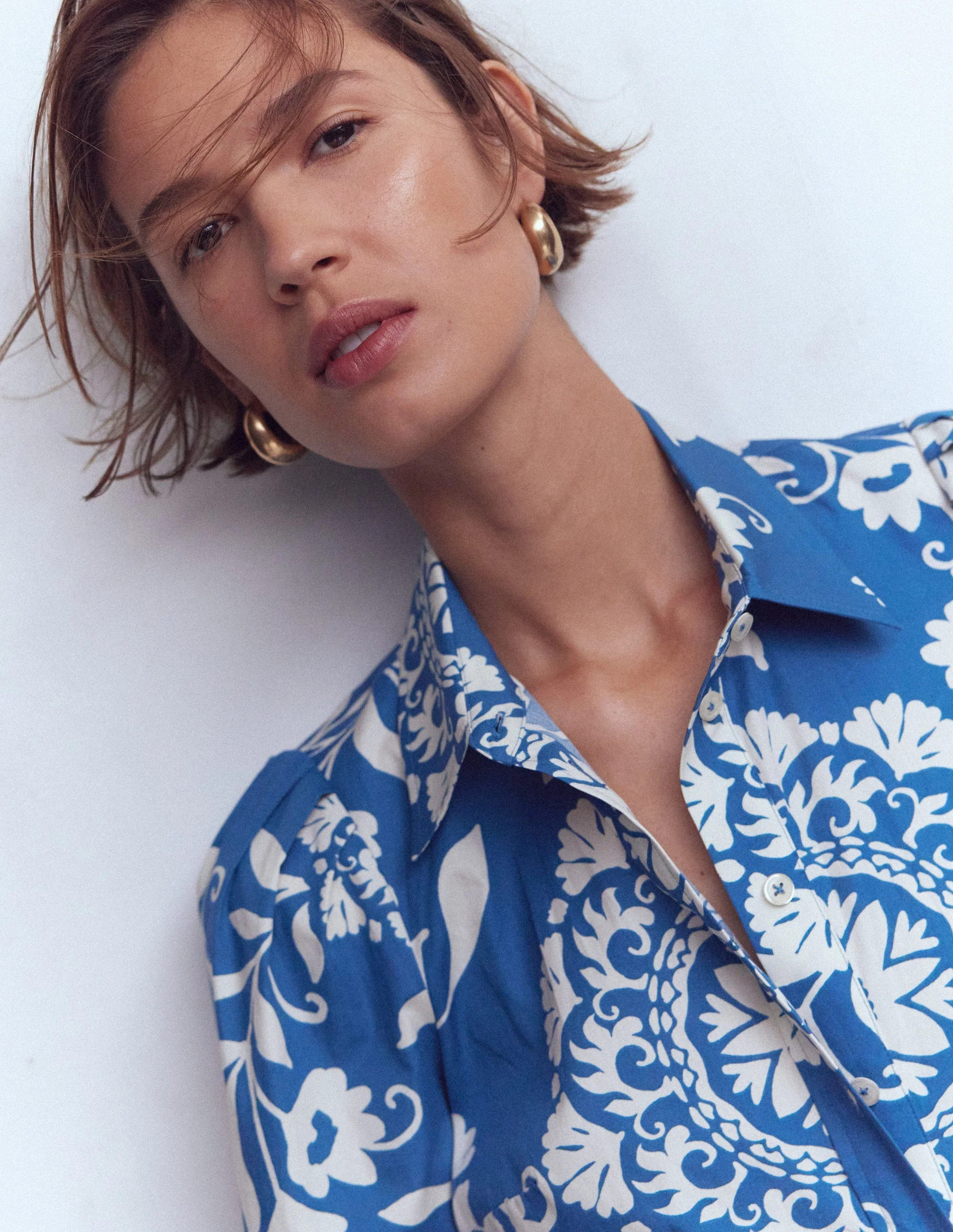 Alexa Cotton Midi Shirt Dress-Blue, Decorative Blossom | Boden (US)