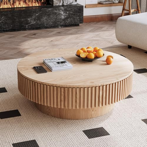 39'' Round Coffee Table with Storage, Modern Wooden Coffee Table with Solid Wood Veneered, Circle Center Table Accent Tea Table for Living Room Apartment Natural Wood | Amazon (US)