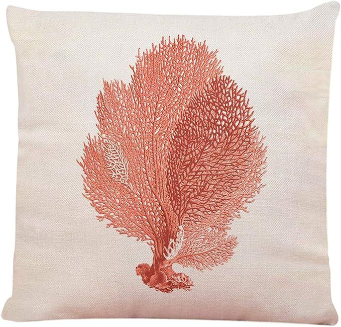 Ofocam Coastal Theme Throw Pillow Cover Cute Red Coral Square Decorative Throw Pillow Cushion Cas... | Amazon (US)
