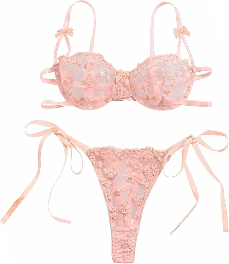 Sexy Tie Side Cute Underwire Push Up Strappy Embroidered Mesh Sheer Lingerie Set | Amazon (US)