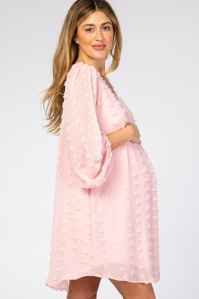 Light Pink Swiss Dot Bubble Sleeve Maternity Dress | PinkBlush Maternity