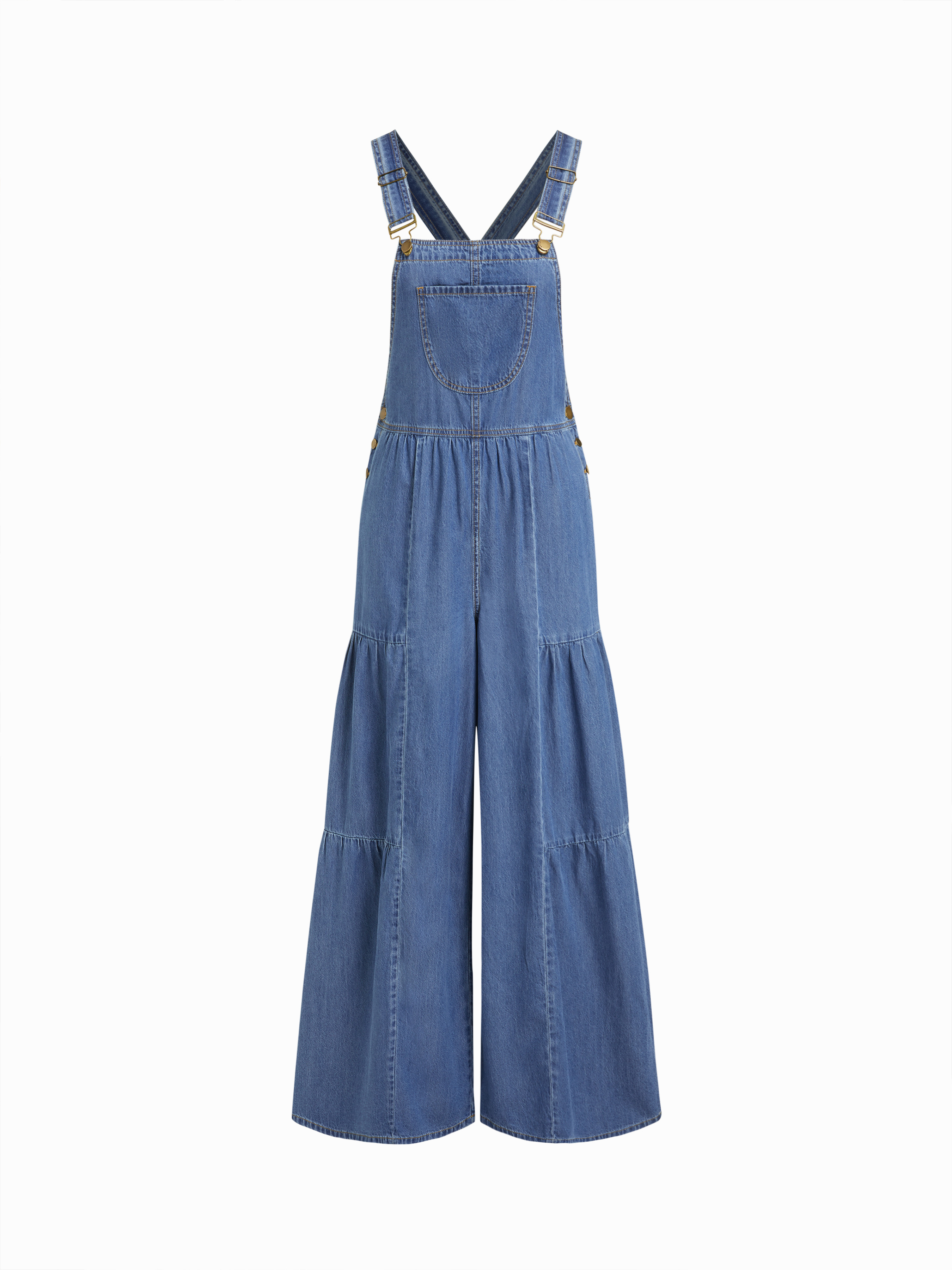Denim Washed Denim Wide Leg Overalls With Metal Detail For Daily Casual | Cider