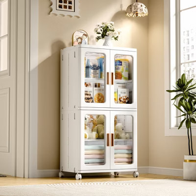 VECELO 41.7" Stackable Storage Bins with Lid and Lockable Wheels, PP Storage Cabinet Home Organizer with Adjustable Shelves, White | Target