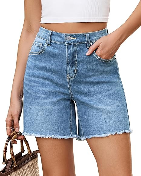 Vetinee Jean Shorts for Women Trendy High Waisted Raw Hem Mid Thigh Stretch Denim Shorts Cutoff 2... | Amazon (US)