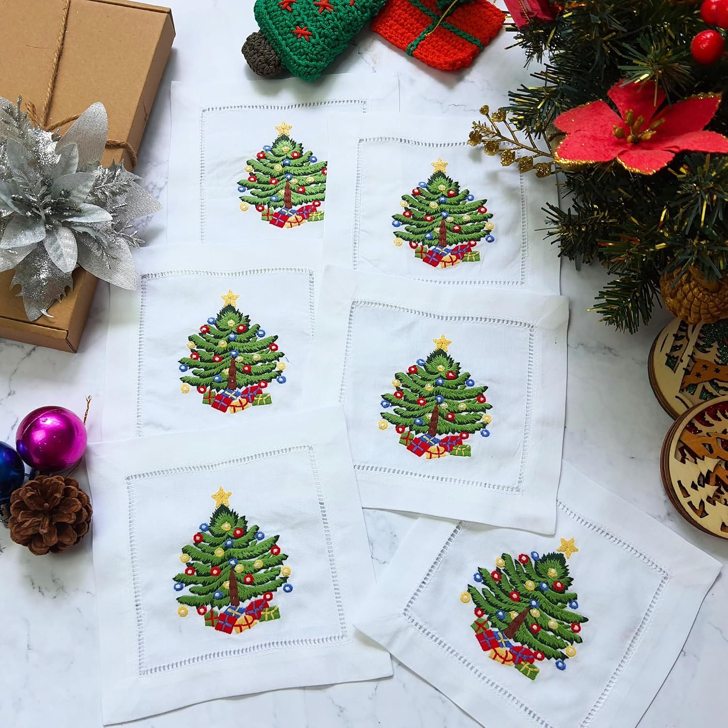 HCRAFT Embroidered White 6"x6" Cloth Napkins, Set of 6 Christmas Tree Pattern Cocktail Napkins With Ladder Hemstitch For Parties | Amazon (US)