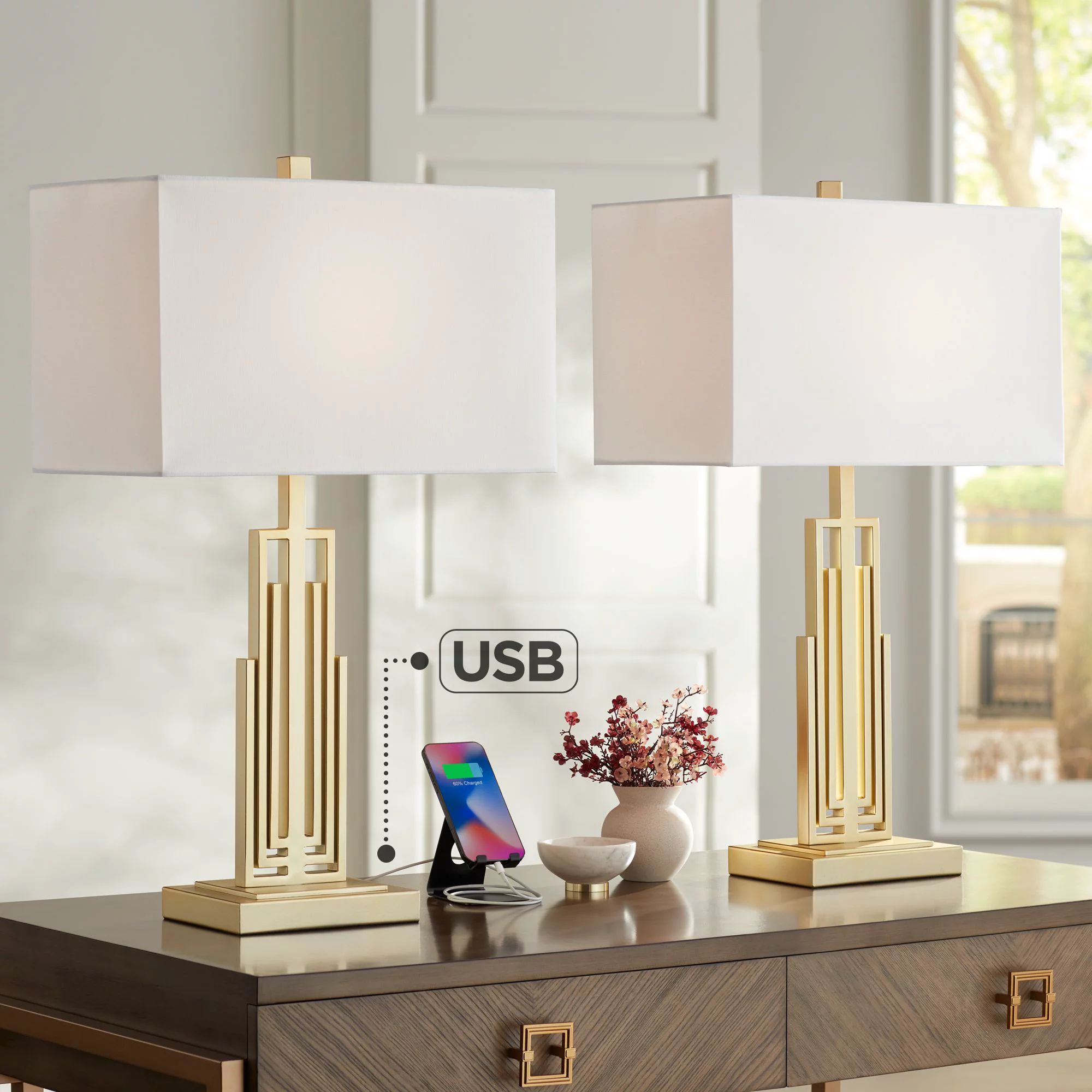 360 Lighting Sonia Modern Table Lamps Set of 2 29 1/2" Tall Gold Metal with Dual USB Charging Por... | Walmart (US)