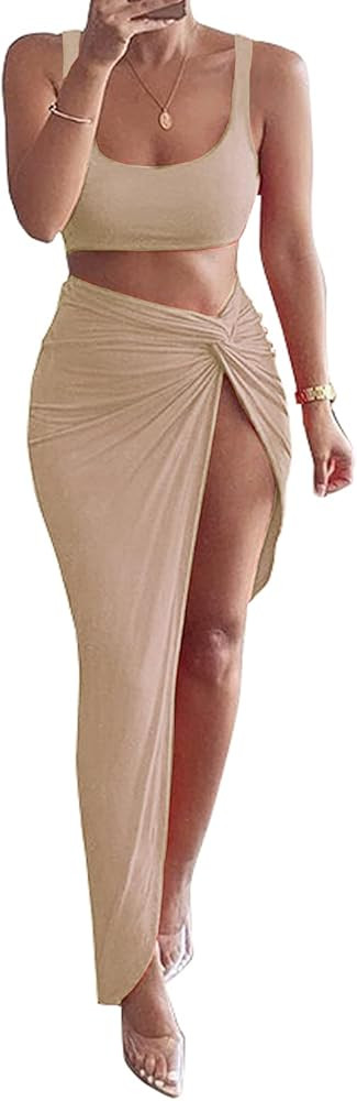 PRIMODA Women's 2 Piece Dress Outfit Sleeveless Tank Crop Bodycon High Slit Maxi Long Skirt Set | Amazon (US)
