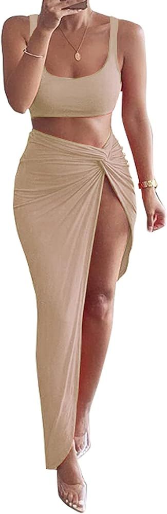PRIMODA Women's 2 Piece Dress Outfit Sleeveless Tank Crop Bodycon High Slit Maxi Long Skirt Set | Amazon (US)