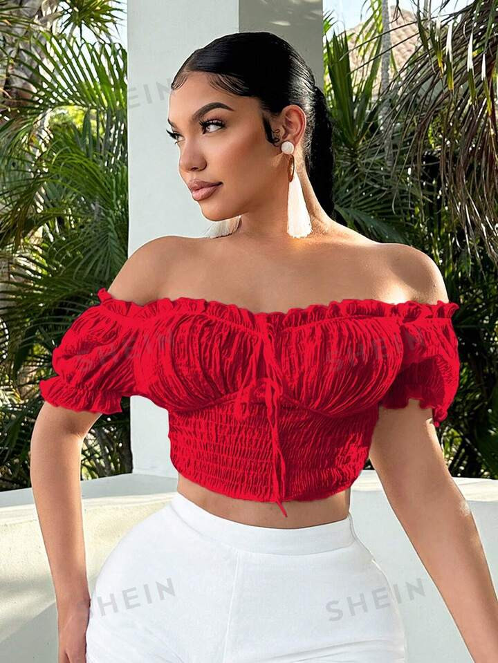 SHEIN SXY Holiday Summer Seaside Resort  One-Shoulder Women's T-Shirt With Puff Sleeves And Ruffl... | SHEIN