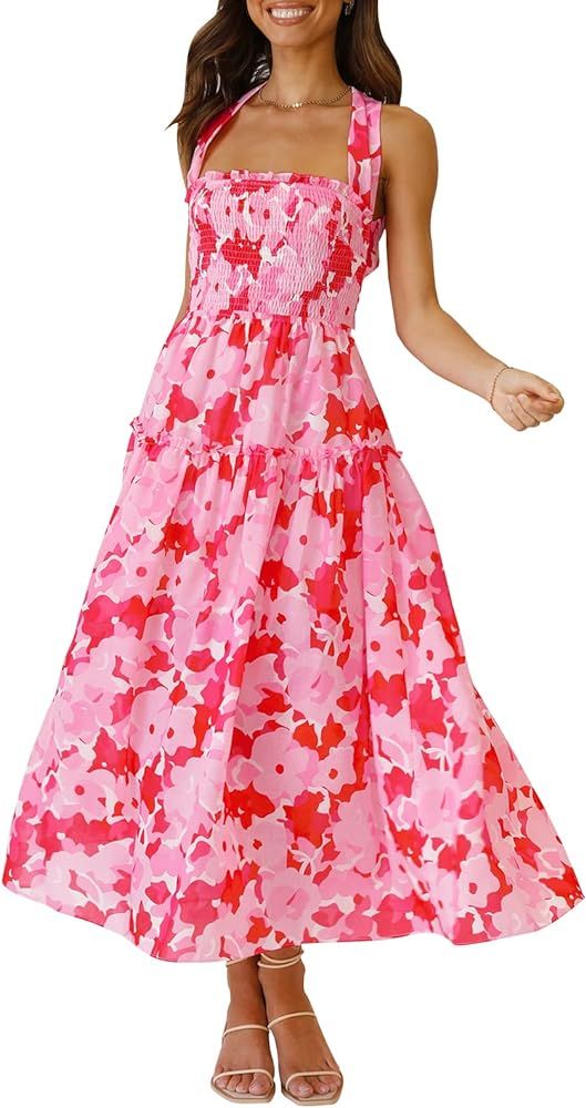 ZESICA Women's Summer Boho Sleeveless Halter Neck Strappy Backless Smocked Flowy Tiered Midi Dress | Amazon (US)