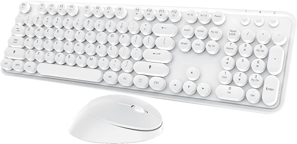 White Wireless Keyboard and Mouse Combo, Retro Full Size White Wireless Keyboard with Round Keyca... | Amazon (US)