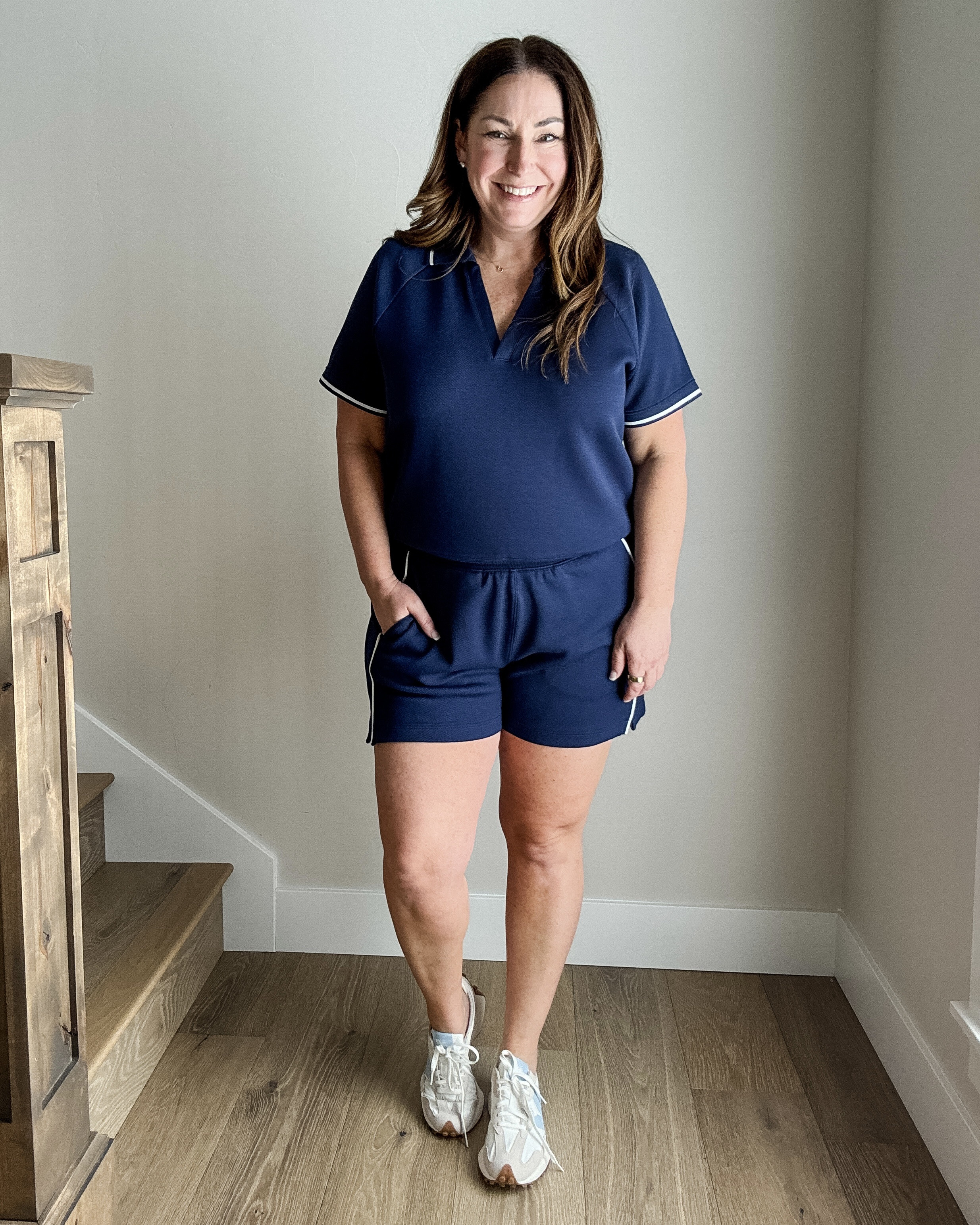 Spanx AirEssential Pique Navy Stripe Polo and Shorts // Top size up if in between, wearing XL and bottoms size down if in between, wearing XL but lots of room
Use code RYANNESPANX for 20% off  

 

#LTKActive #LTKOver40 #LTKMidsize