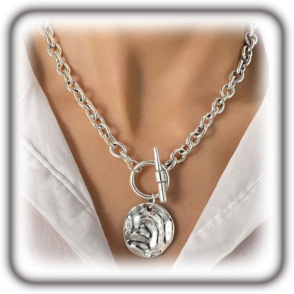 Silver Coin Pendant Necklace,Large Medallion Choker Trendy Vintage Chunky Chain Statement Necklac... | Amazon (US)