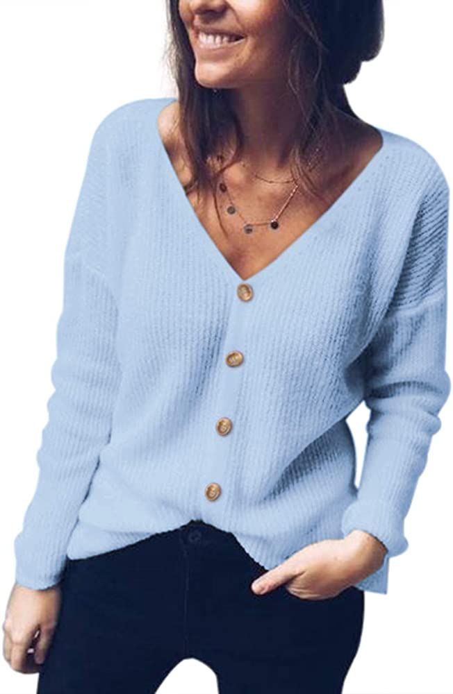 Romanstii Womens Button Down V-Neck Cardigan Sweater Long Sleeve Soft Knit Casual S-XXL | Amazon (US)