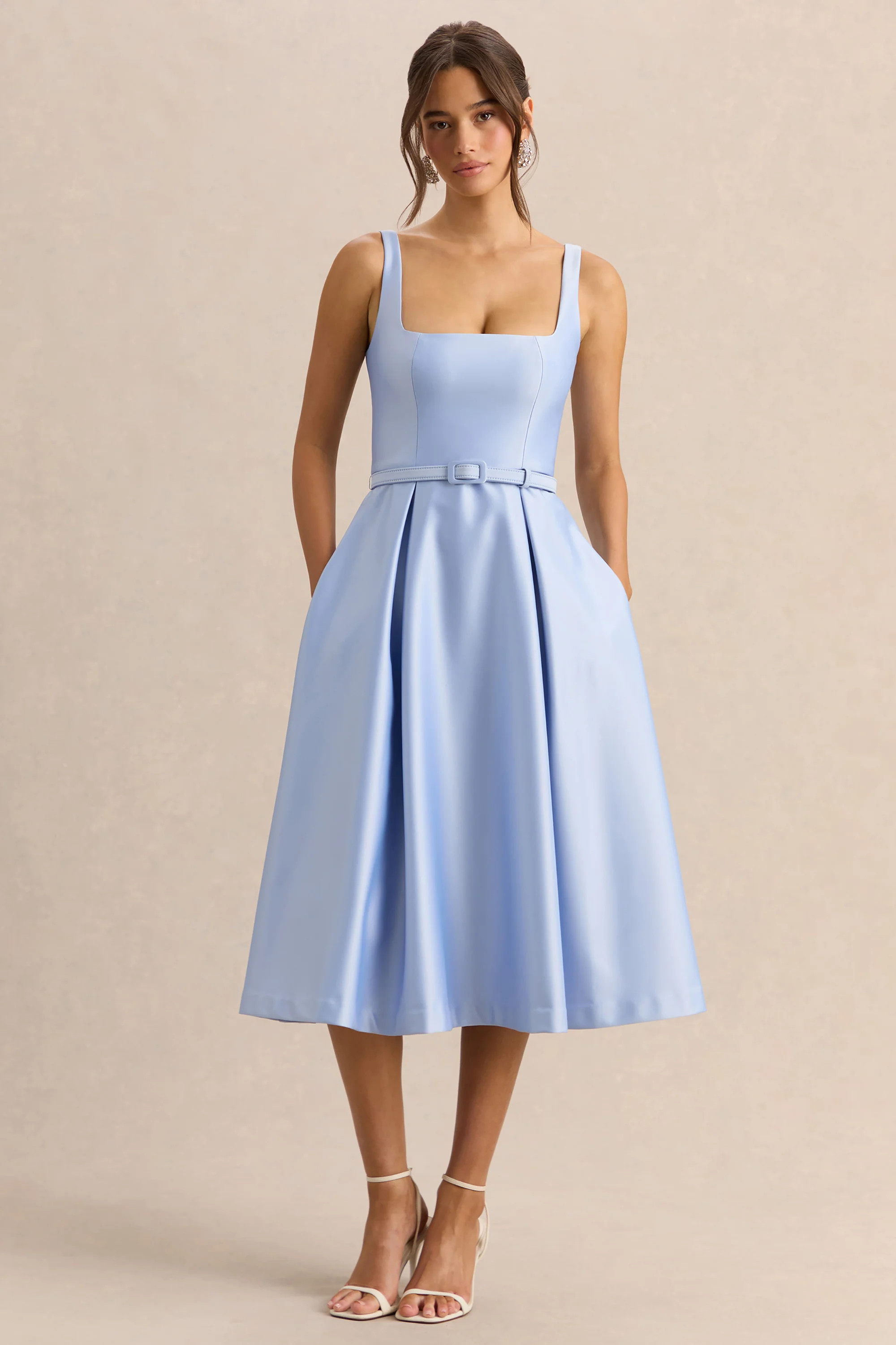 Crystaline | Powder Blue Satin Square-Neck Midi Dress | Club L London