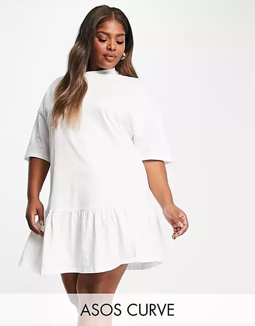 ASOS DESIGN Curve oversized t-shirt dress with frill hem in white | ASOS (Global)