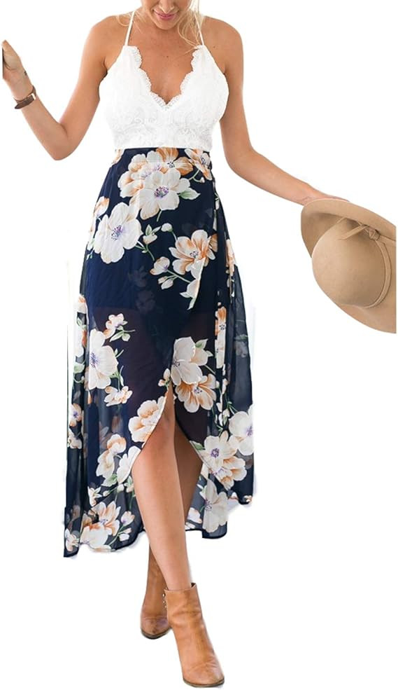 Blooming Jelly Women's Deep V Neck Sleeveless Summer Asymmetrical Floral Maxi Dress | Amazon (US)
