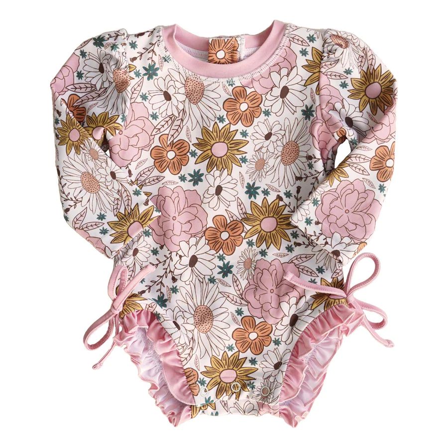 Long Sleeve Rash Guard With Ruffle Bottom | Boho Floral* | Caden Lane