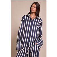 Navy Satin Pinstripe Shirt | PrettyLittleThing UK