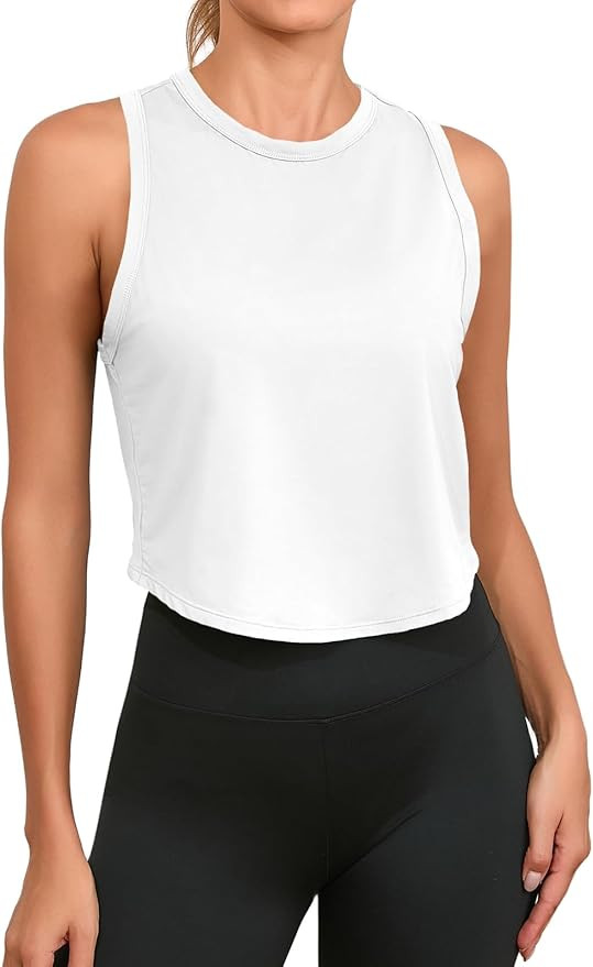 Fisoew Womens Workout Cropped Tank Tops Racerback Sleeveless Crewneck Running Yoga Active Shirts | Amazon (US)