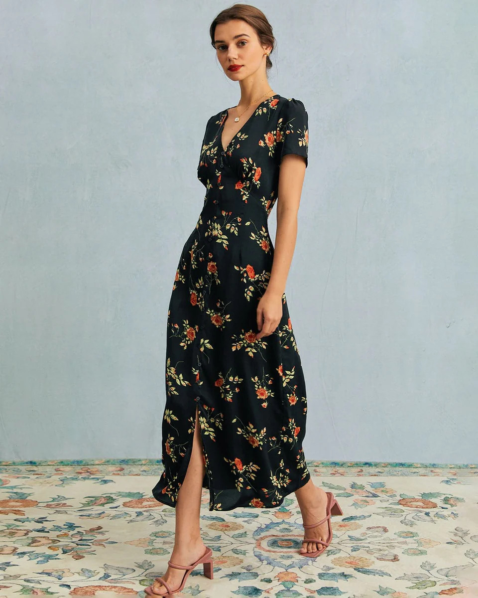 The Black V Neck Floral Short Sleeve Maxi Dress | rihoas.com