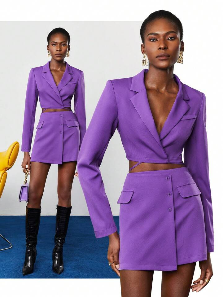 SHEIN BIZwear Women's Purple Short Blazer Jacket With Strap Design And Buttoned Short Skirt Suit | SHEIN