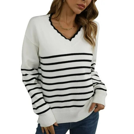 White Size: XL Women s V-Neck Striped Sweater Long Sleeve Knit Pullover Perfect for Home Shopping Dating and Office Wear Color | Walmart (US)
