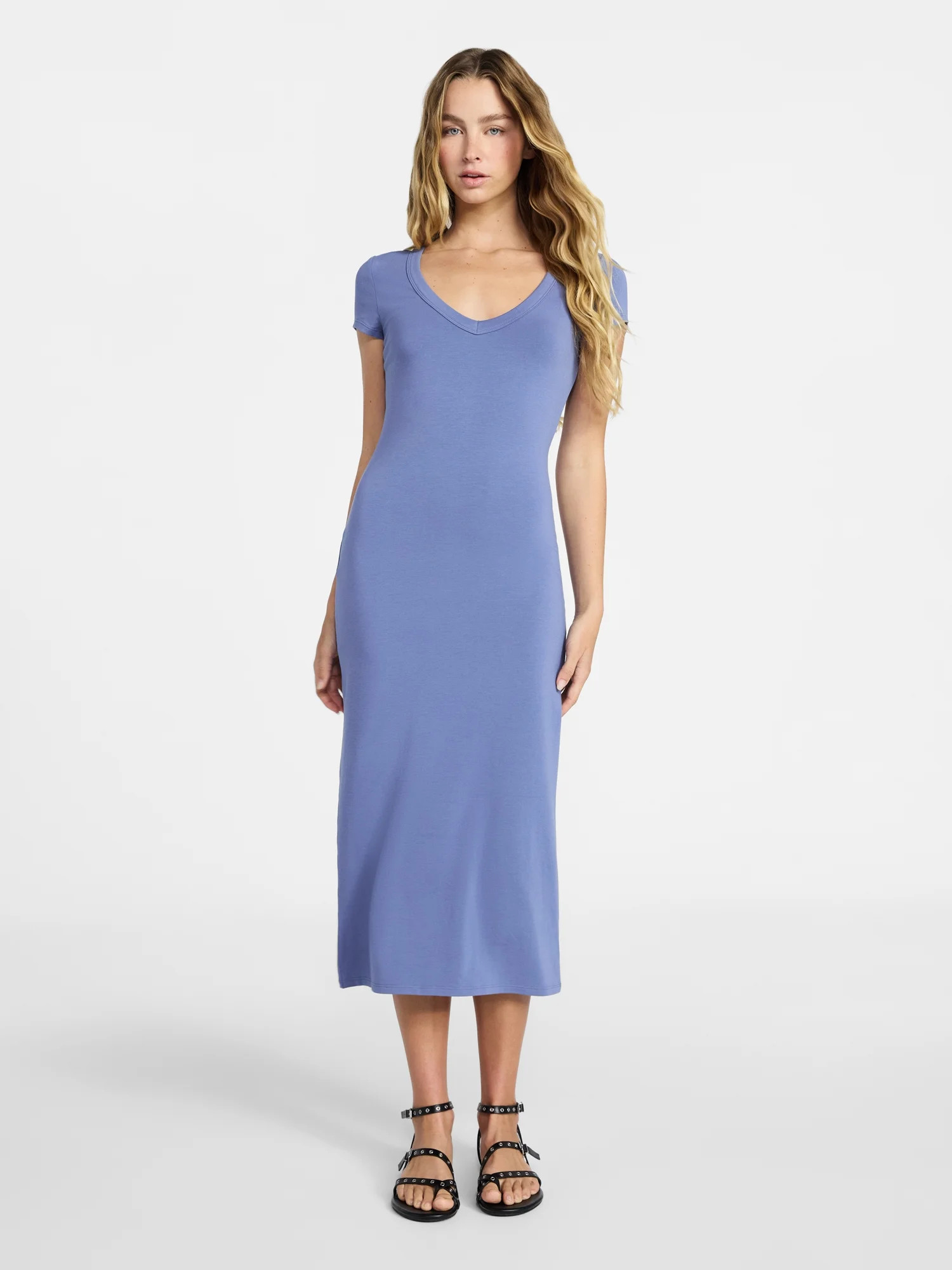 No Boundaries Deep V-Neck Maxi Dress with Cap Sleeves, Women's | Walmart (US)