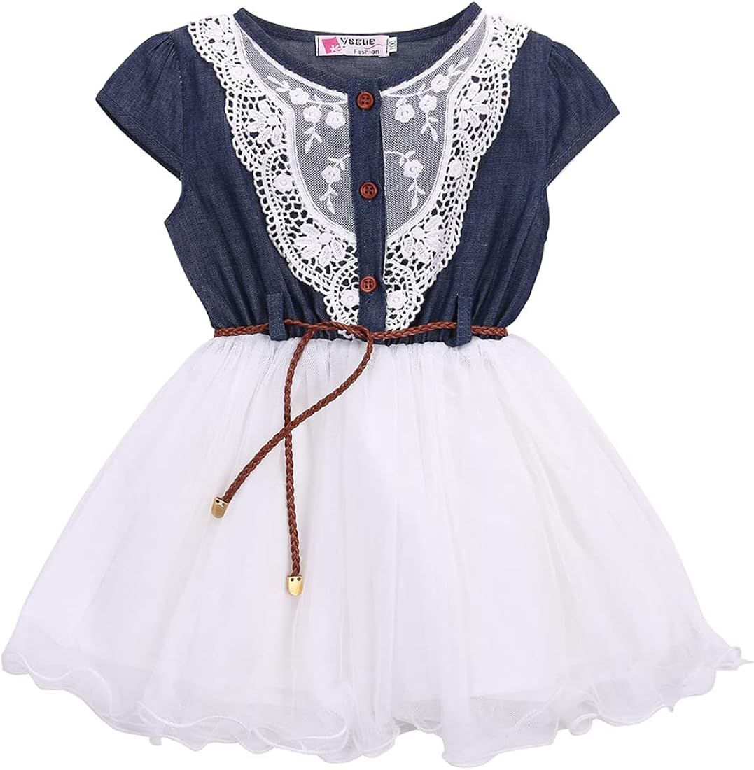 Amazon.com: Toddler Kids Baby Girls Princess Dress Sleeveless Lace Denim Top Stitching Tulle Tutu Sk | Amazon (US)