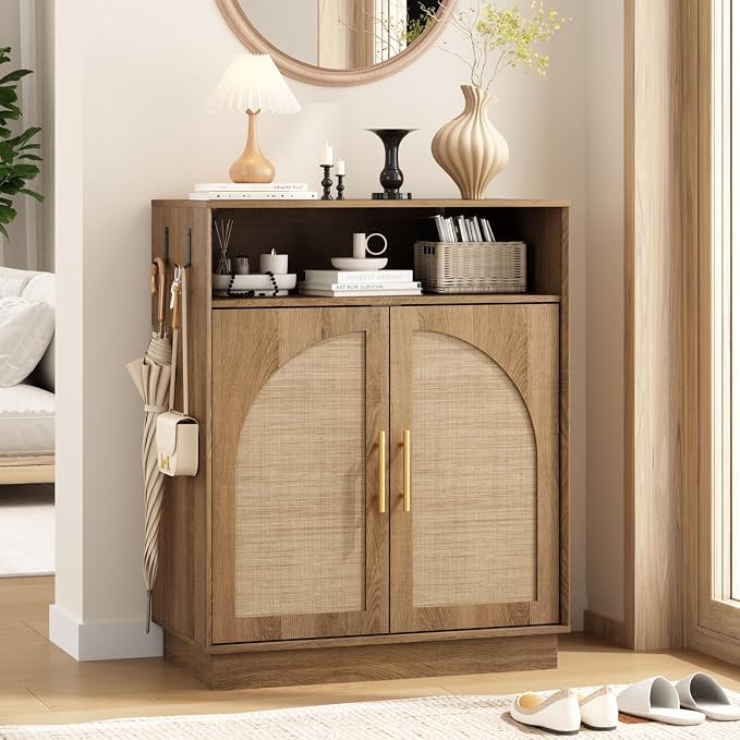 Rattan Shoe Storage Cabinet with 2 Arched Doors, 5-Tier Deep Shoe Organizer with Adjustable Shelv... | Amazon (US)