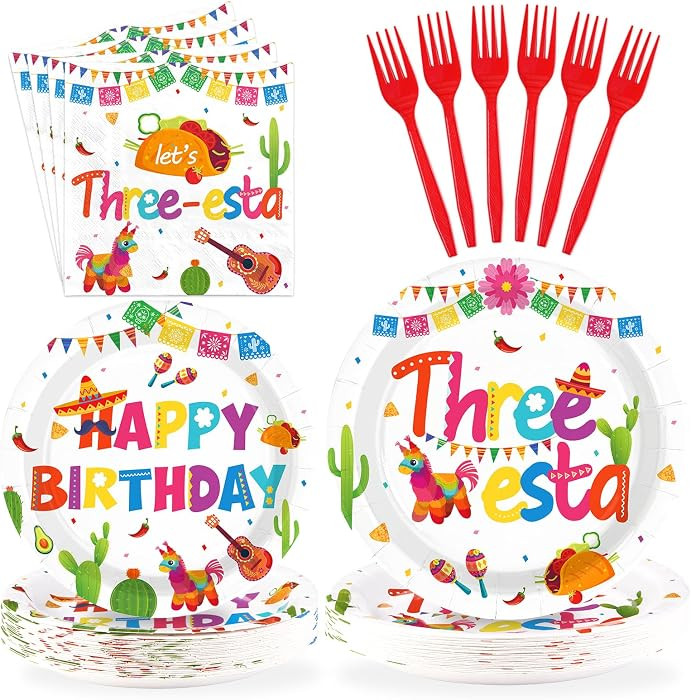 96Pcs Three Esta Party Decorations Mexican Third Birthday Plates and Napkins Tableware Set Mexica... | Amazon (US)