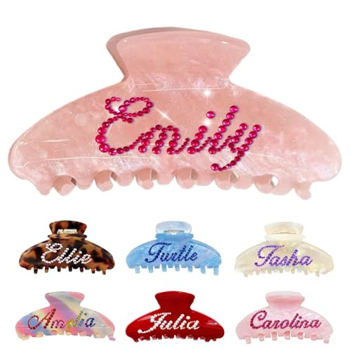 Personalized Colorful Name Hair Claw Clips for Women,Custom Hair Clips with Diamond,Cute Hair Accessories 4",Handmade Rhinestones Hair Clamp Gifts for Mom,Bride,Wife,Bridesmaid（Flash Pink） | Amazon (US)