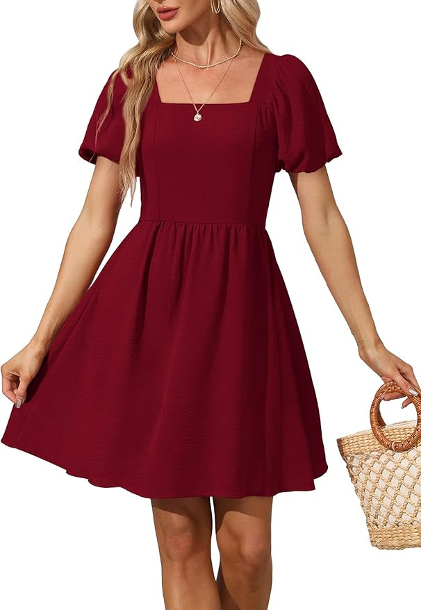 OFEEFAN Women Puff Sleeve Square Neck Tie in Back Dresses with Zipper | Amazon (US)