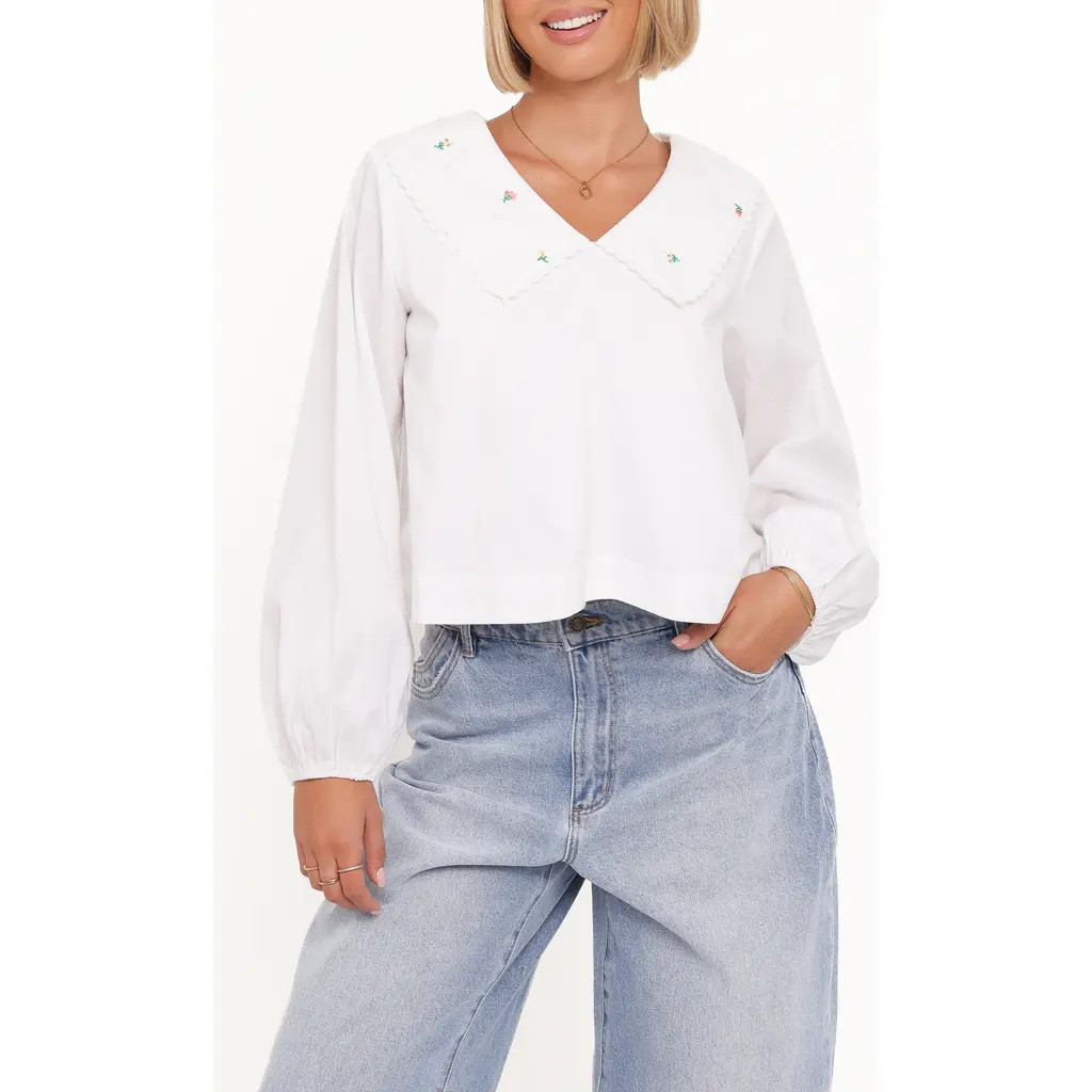 Petal & Pup Kenna Embroidered Collared Cotton Poplin Top in White Floral at Nordstrom, Size Medium | Nordstrom