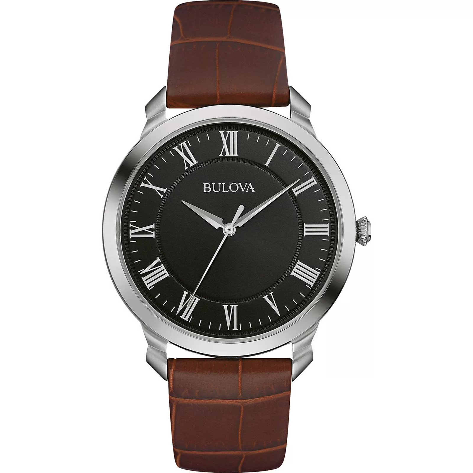 Bulova Men's Classic Stainless Steel Black Dial Roman Accents Brown Leather Strap Watch - 96A184, Size: 41MM | Kohl's
