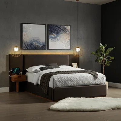 Dahlia Upholstered Bed LED Headboard and USB A + C Side Tables in Velvet Fabric | Wayfair North America