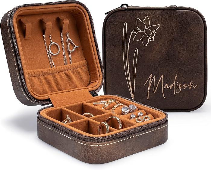 Custom Leather Jewelry Box w/Name & Birth Flower Month - Birthday Gifts for Women, Personalized J... | Amazon (US)