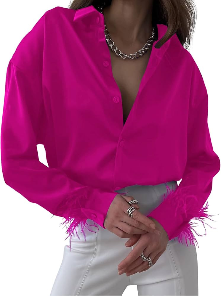 LYANER Women's Satin Silk Collar Button Down Feather Cuff Long Sleeve Blouse Shirt Top | Amazon (US)