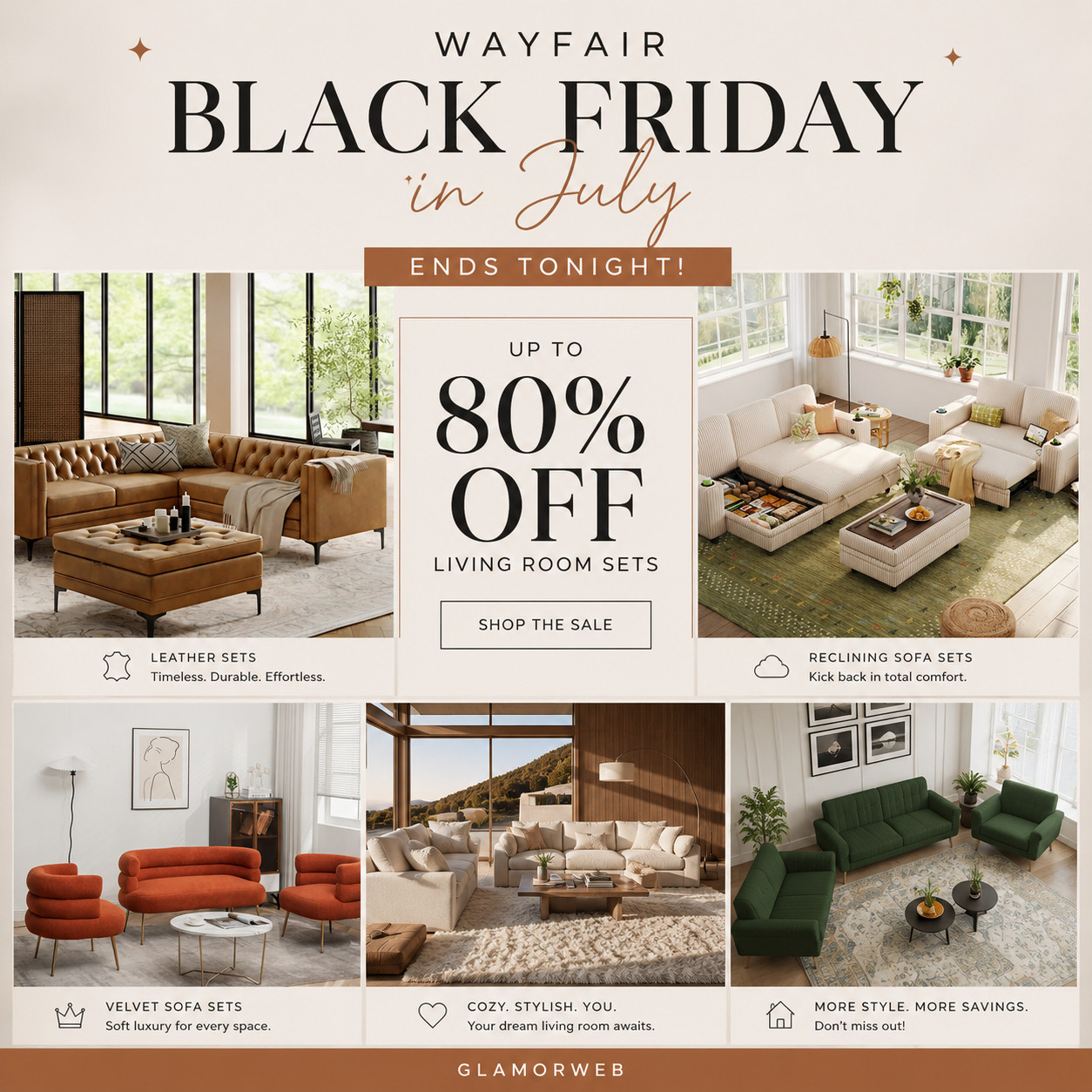 Okay, this Wayfair Black Friday in July sale is actually ridiculous in the best way 😍 Up to 80% off and ending tonight means it is officially time to stop “thinking about it” and just go for the living room set you love. Leather sofa sets are such a good choice if you want that clean, elevated look. Velvet sofa sets bring softness and a little glam that always looks expensive. Reclining sofa sets are perfect for anyone who wants the room to feel welcoming and ultra-comfy. I love that these deals make it possible to refresh a whole space without spending full price on separate pieces. A good living room set can completely change the feel of your home, and this sale is packed with finds that are both pretty and practical. If your couch situation has been feeling tired, tonight is your chance to fix it. #WayfairFinds #BlackFridayInJuly #WayfairLivingRoom #SaleTonight #LivingRoomSets #LeatherSofaSets #VelvetSofaSets #RecliningSofaSets #HomeStyle #RoomGoals #FurnitureFinds #InteriorInspo #LTKHomeDecor #LTKDeals #AffordableLuxury #DecorIdeas #CozyLiving #ModernFurniture #HomeShopping #LivingRoomUpgrade #ShopTheSale 

 #LTKSeasonal #LTKHome #LTKSaleAlert
