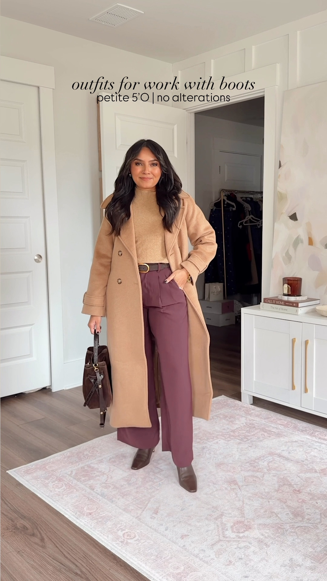 Workwear office outfits with boots!
For reference: I’m 5’0, 32b bra size, and 2/26 in bottoms, pear shaped. 
*Everything I share is unaltered! TTS means true to size. Between size 5-6.6 in shoes

Gray wrap coat size xs petite TTS
Black ribbed tee size small TTS
Black pleated trouser pants size 2 petite TTS
Black boots size 5.5 TTS

Burgundy red wine coat size xs petite TTS
Burgundy sweater size xs petite TTS
Brown reversible belt size xs TTS
Navy pleated trouser pants size 2 petite TTS
Brown medium natural boots size 5.5 TTS

Camel coat size xs petite TTS
Camel tan sweater - old, similar linked
Dark brown belt size 27-31” TTS
Burgundy bordeaux purple pleated trouser pants size 2 petite TTS
Brown boots size 5.5 TTS

Terra brown cardigan size xs petite TTS
Brown long sleeve tee size small TTS
Camel hair tan pleated trouser pants size 2 petite TTS
Dark brown belt size 27-31” TTS
Brown boots size 5.5 TTS

Suede blazer size xxs TTS
Sweater size xxs TTS
Dark brown belt size 27-31” TTS
Terra brown pleated trouser pants size 2 petite TTS
Dark brown boots size 5.5 TTS



Petite workwear outfits
Fall office outfits
Winter work outfits
Petite business casual
Office outfits with boots
Petite style inspo
Workwear capsule wardrobe
Chic office style
Petite winter fashion
Workwear outfit ideas
Fall fashion for petites
Boots for work outfits
Petite trousers and blazers
Workwear staples 2025
Elevated everyday office style




#LTKWorkwear #LTKSaleAlert #LTKPetite